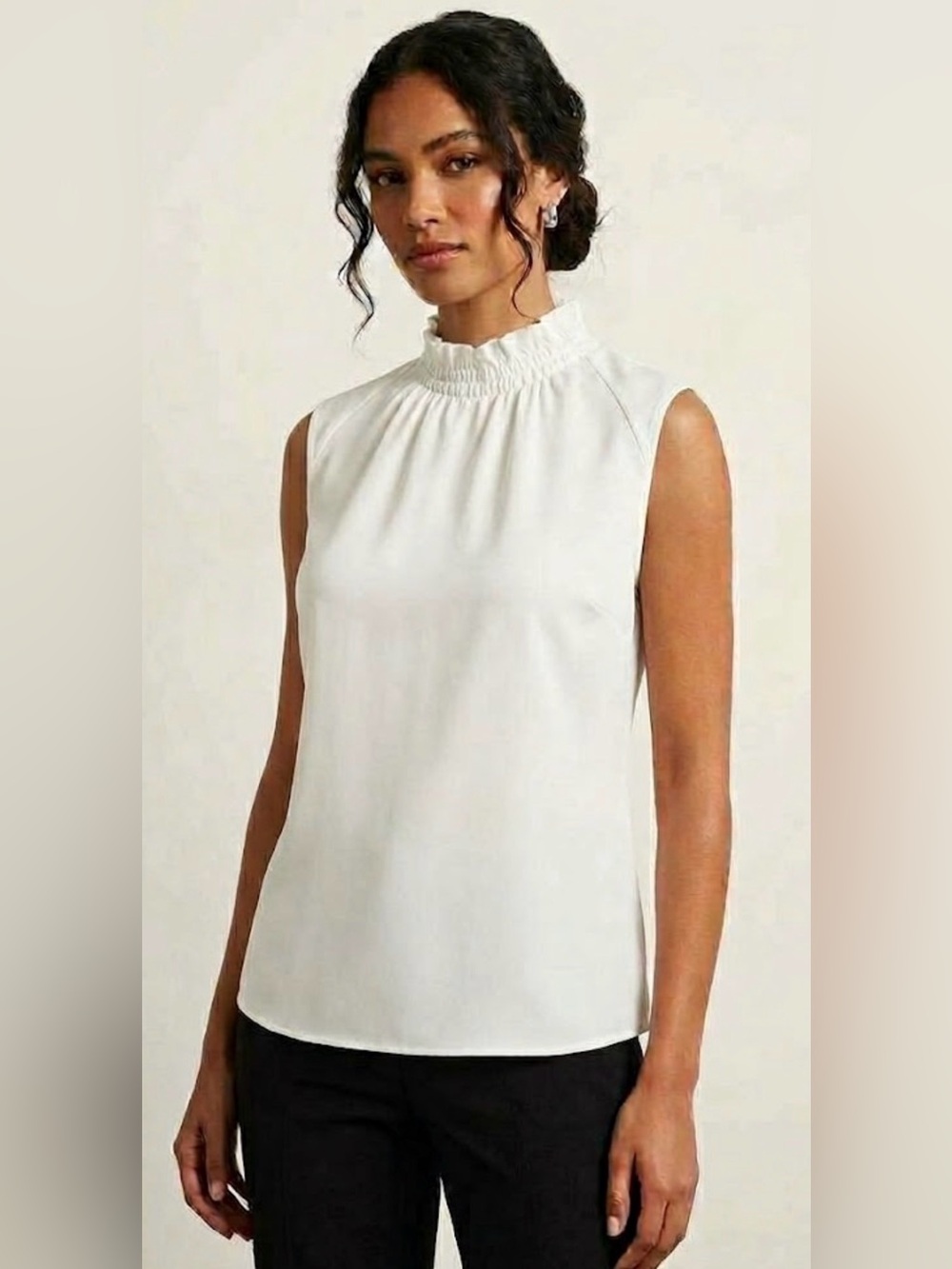 Drew White Ruffle High Neck Sleeveless Satin Blouse with Shoulder Pads